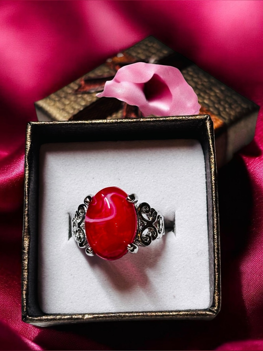 Red Oval Agate Ruby Style Silver tone Ring Sz 6